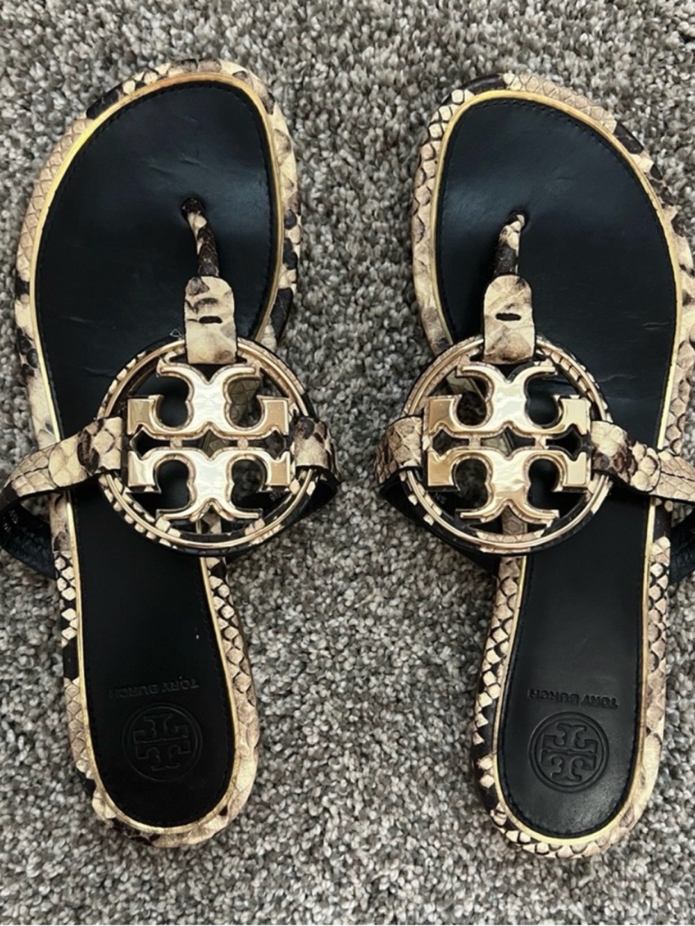 Tory Burch Black and Gold Logo Slide Sandals